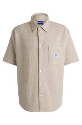 Short-sleeved shirt in a waffle-structured cotton blend, Light Beige