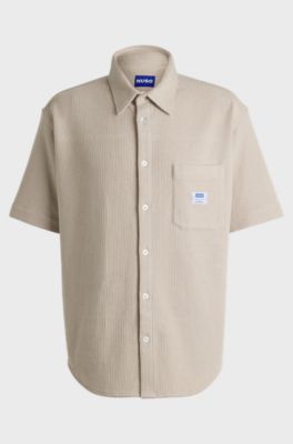 Short-sleeved shirt in a waffle-structured cotton blend, Light Beige