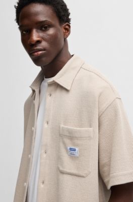 Short-sleeved shirt in a waffle-structured cotton blend, Light Beige