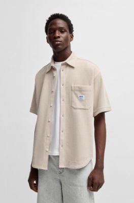 Short-sleeved shirt in a waffle-structured cotton blend, Light Beige