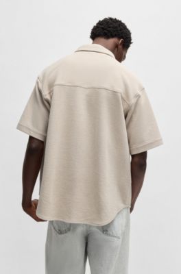 Short-sleeved shirt in a waffle-structured cotton blend, Light Beige