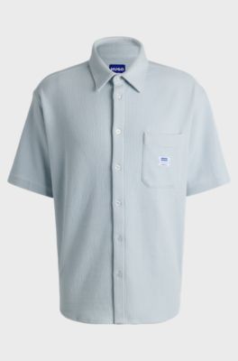 Short-sleeved shirt in a waffle-structured cotton blend, Light Blue