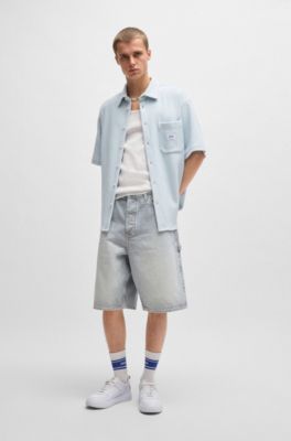 Short-sleeved shirt in a waffle-structured cotton blend, Light Blue