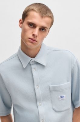 Short-sleeved shirt in a waffle-structured cotton blend, Light Blue