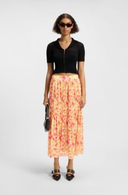 Pliss&eacute; midi skirt with hazy floral print, Patterned