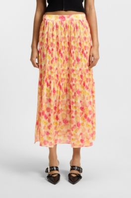 Pliss&eacute; midi skirt with hazy floral print, Patterned