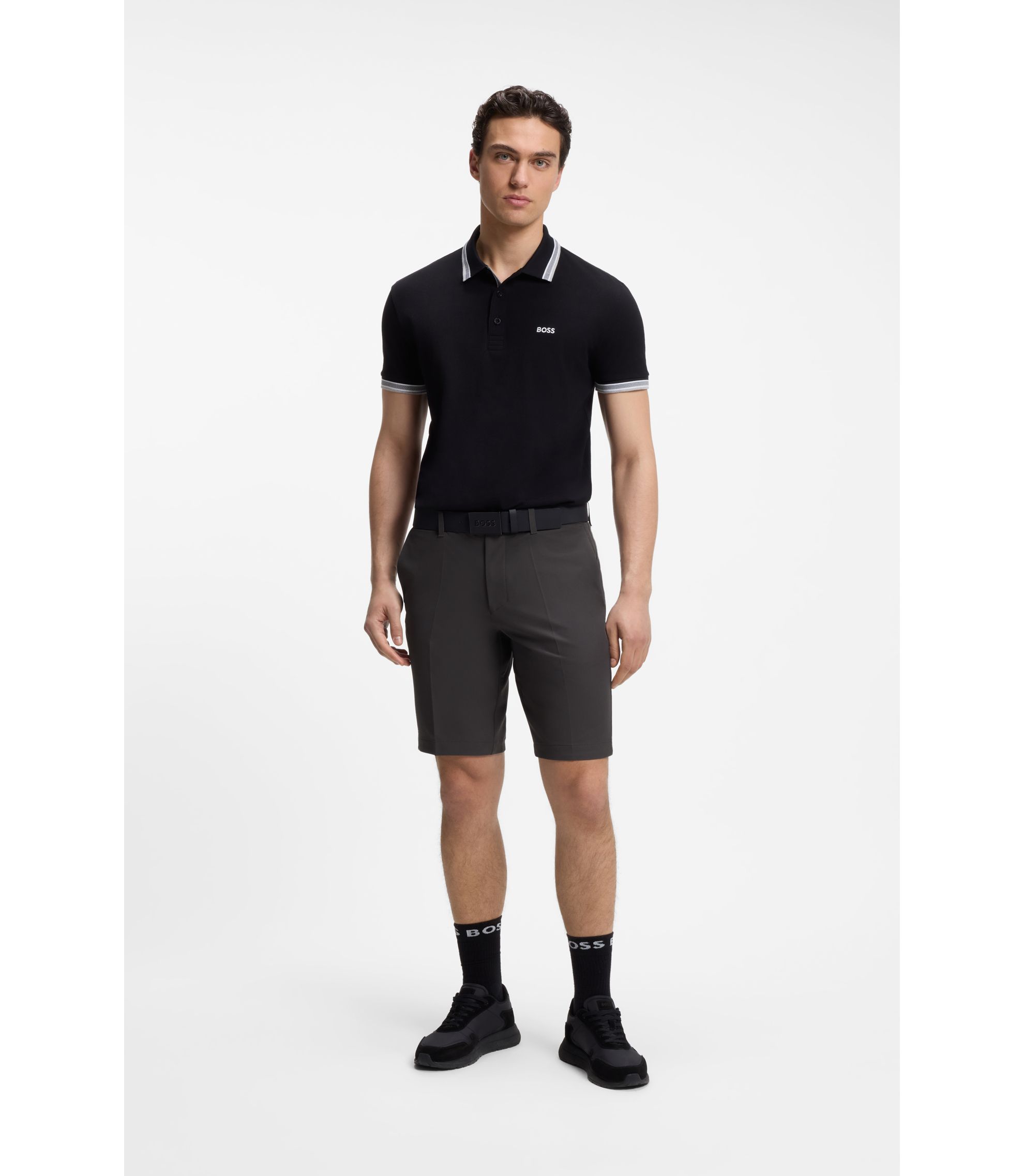 BOSS 黒 ショートパンツ ウエストゴム　新品　タグなし BOSS - スリムフィット ショートパンツ はっ水ストレッチファブリック