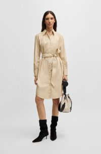 Vestido camisero con cinturón en popelín de algodón, Beige claro