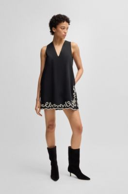 Cotton dress with contrast embroidery, Black