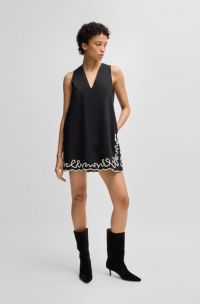 Vestido de algodón con bordado en contraste, Negro