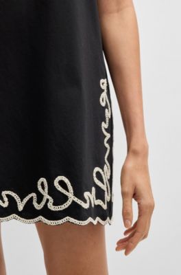 Cotton dress with contrast embroidery, Black
