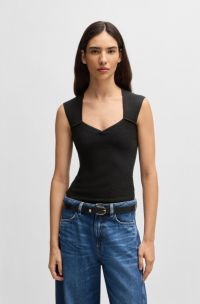 Sleeveless top in stretch fabric with mixed ribbing, Black