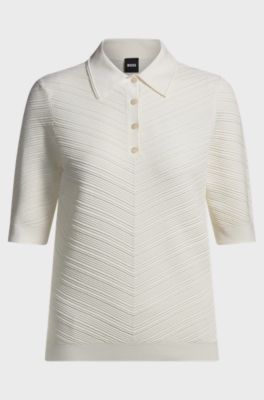 Structured knit sweater with polo collar, White