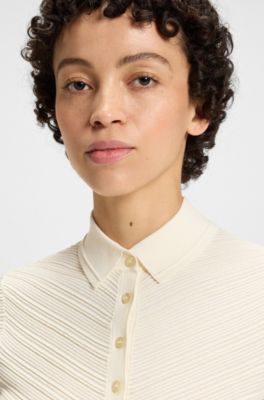 Structured knit sweater with polo collar, White