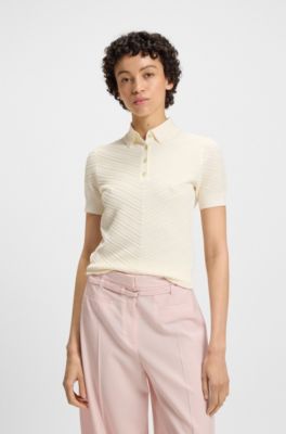 Structured knit sweater with polo collar, White