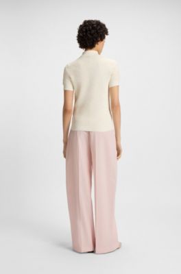 Structured knit sweater with polo collar, White