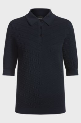 Structured knit sweater with polo collar, Dark Blue