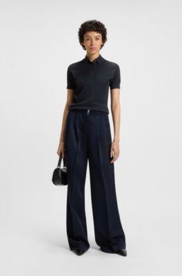 Structured knit sweater with polo collar, Dark Blue