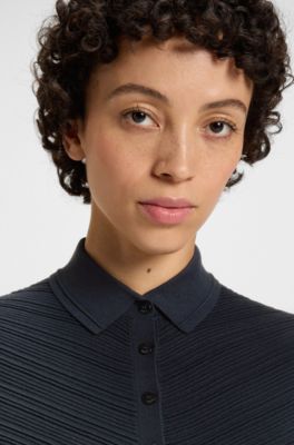 Structured knit sweater with polo collar, Dark Blue