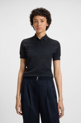 Structured knit sweater with polo collar, Dark Blue