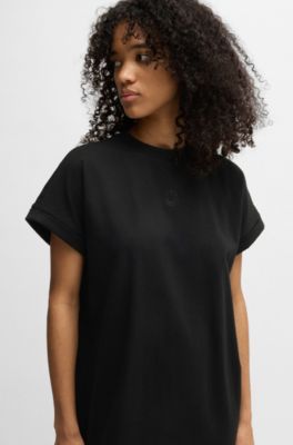 Cotton-jersey T-shirt dress with Happy HUGO logo, Black