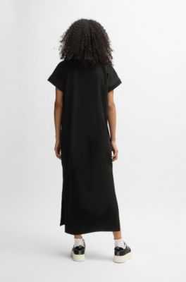 Cotton-jersey T-shirt dress with Happy HUGO logo, Black