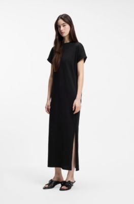 Cotton-jersey T-shirt dress with Happy HUGO logo, Black