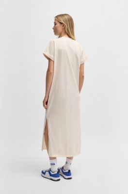 Cotton-jersey T-shirt dress with Happy HUGO logo, Natural