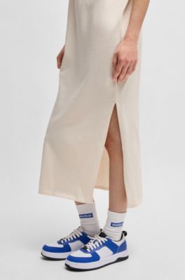 Cotton-jersey T-shirt dress with Happy HUGO logo, Natural