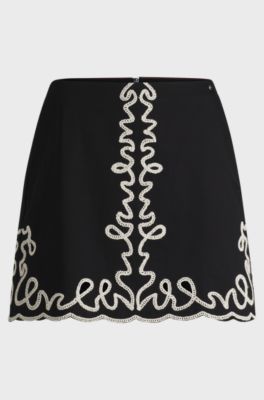 Cotton mini skirt with contrast embroidery, Black