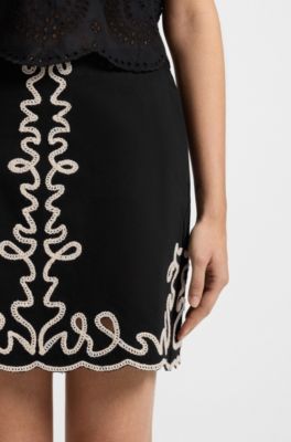 Cotton mini skirt with contrast embroidery, Black