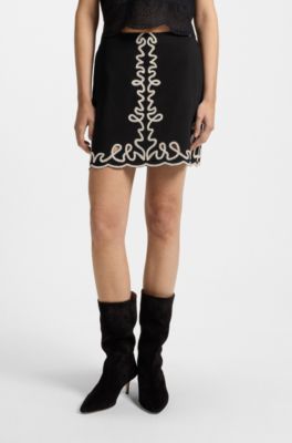 Cotton mini skirt with contrast embroidery, Black