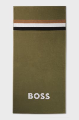 Cotton-jacquard beach towel with logo and signature stripe, Green