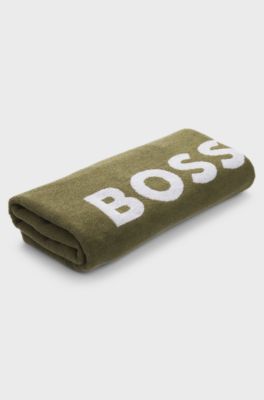 Cotton-jacquard beach towel with logo and signature stripe, Green