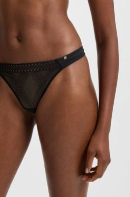 Eyelet-detailed thong with Double B monogram trim, Black