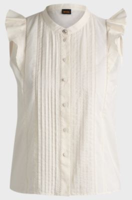Regular-fit blouse in pleat-front cotton muslin, Natural