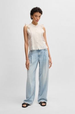 Regular-fit blouse in pleat-front cotton muslin, Natural