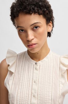 Regular-fit blouse in pleat-front cotton muslin, Natural