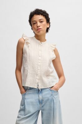 Chemisier Regular en mousseline de coton pliss&eacute;e sur le devant, Naturel