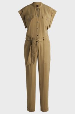 Jumpsuit van licht canvas met riem, Beige