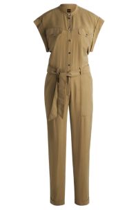 Jumpsuit van licht canvas met riem, Beige