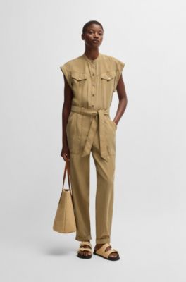 Belted jumpsuit in lightweight canvas, Beige