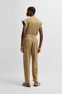 Belted jumpsuit in lightweight canvas, Beige