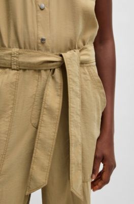Belted jumpsuit in lightweight canvas, Beige
