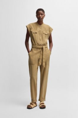 Belted jumpsuit in lightweight canvas, Beige