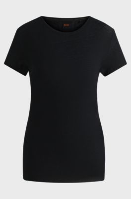 Scoop-neck linen T-shirt with gathered back, Black