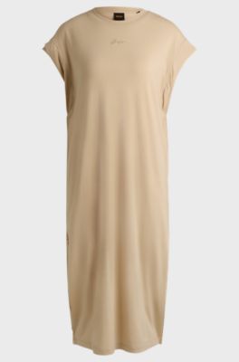 Vestido de punto con manga casquillo y detalle de logo, Beige claro