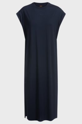 Cap-sleeve jersey dress with logo detail, Dark Blue