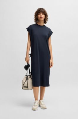 Cap-sleeve jersey dress with logo detail, Dark Blue