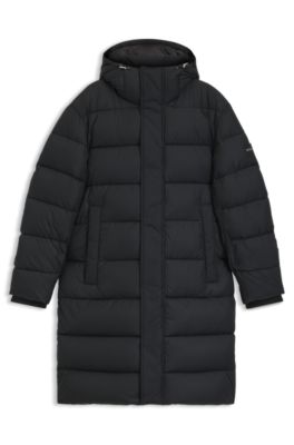 Longline water-repellent padded jacket with hood, Black